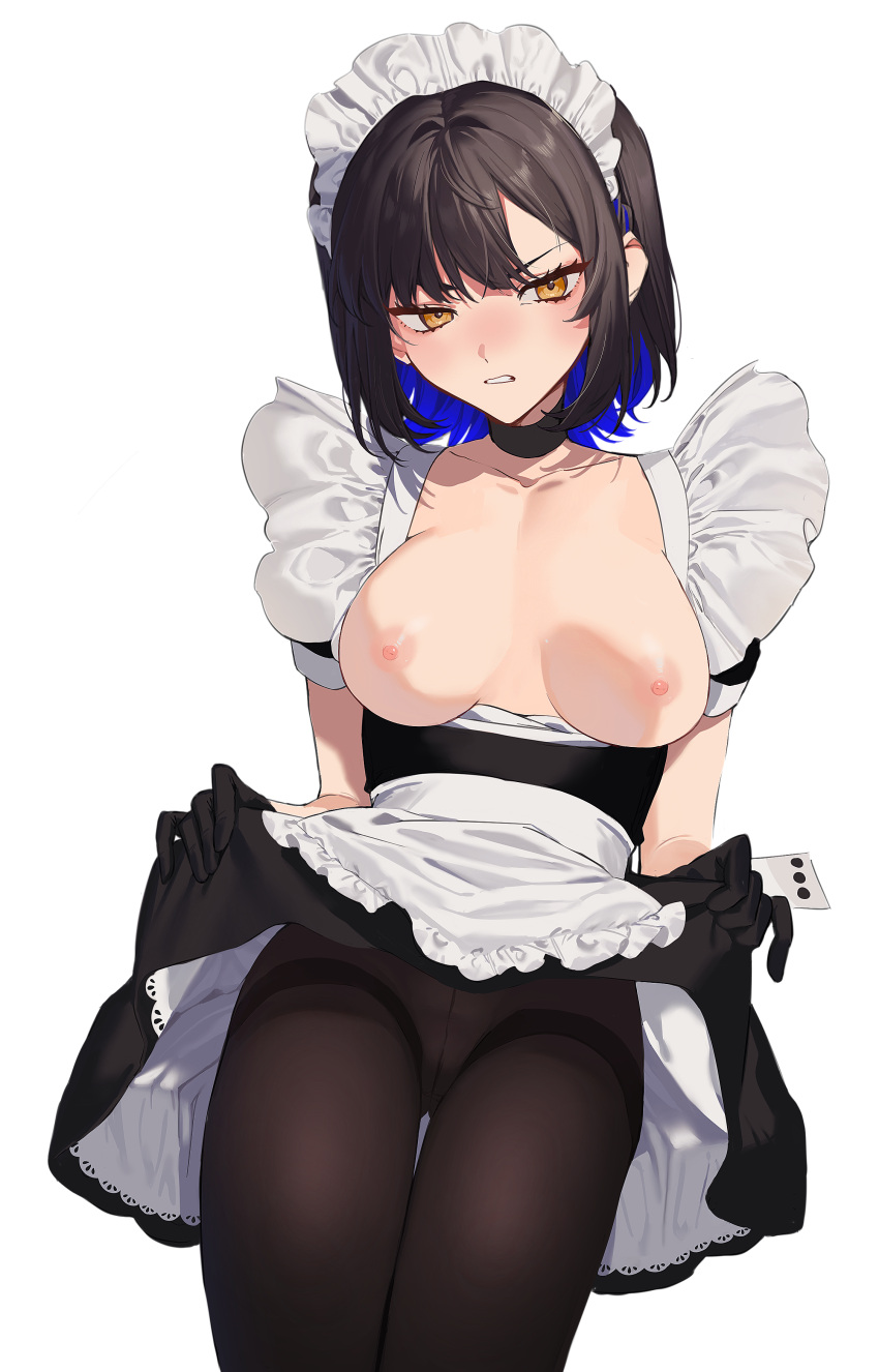 1girl 2l_(2lsize) absurdres black_gloves black_hair black_pantyhose blue_hair blush breasts breasts_out clenched_teeth clothes_lift frills gloves highres lifted_by_self maid maid_headdress multicolored_hair original pantyhose short_hair simple_background skirt skirt_lift solo teeth two-tone_hair white_background yellow_eyes