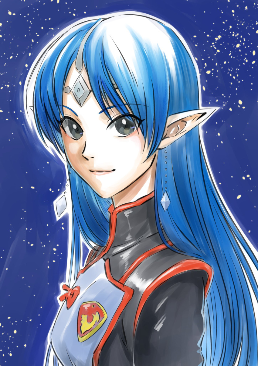 1girl aduti_momoyama bangs black_eyes blue_hair breasts circlet closed_mouth earrings eyes_visible_through_hair highres jewelry lafiel lips long_hair looking_at_viewer outline parted_bangs pink_lips pointy_ears seikai_no_senki small_breasts smile solo straight_hair tsurime turtleneck uniform upper_body white_outline