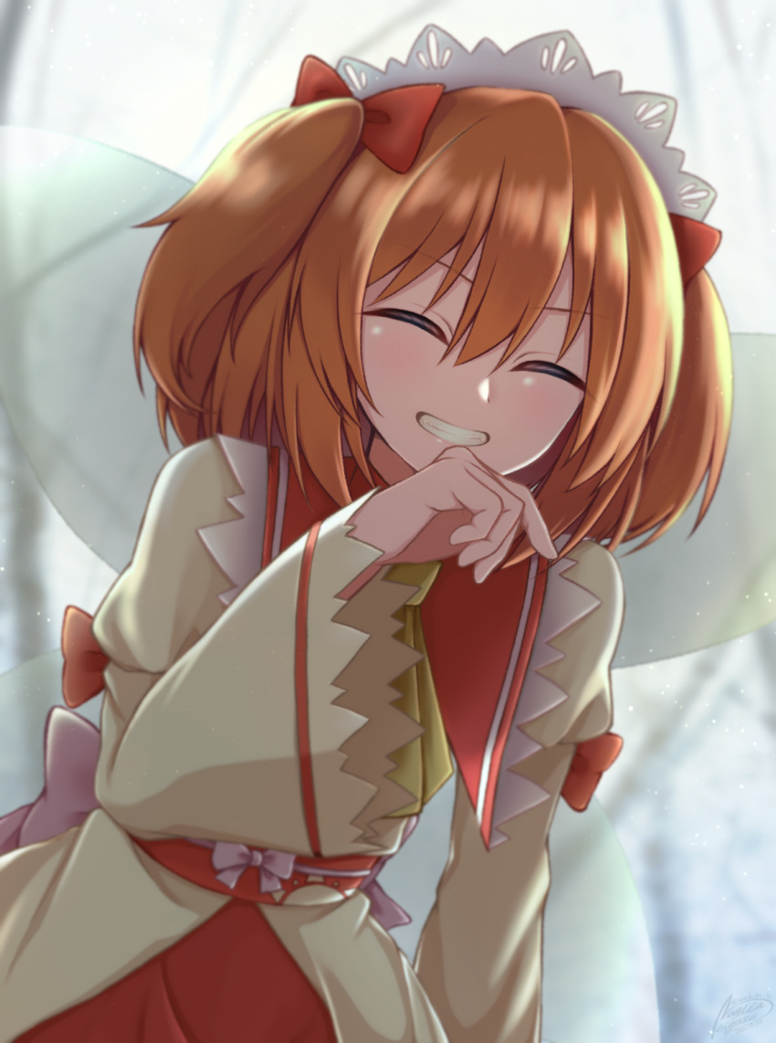 1girl :d blurry blurry_background closed_eyes facing_viewer fairy_wings headdress highres juliet_sleeves laughing long_sleeves mashiba_lei orange_hair puffy_sleeves short_hair smile solo sunny_milk touhou two_side_up upper_body wings