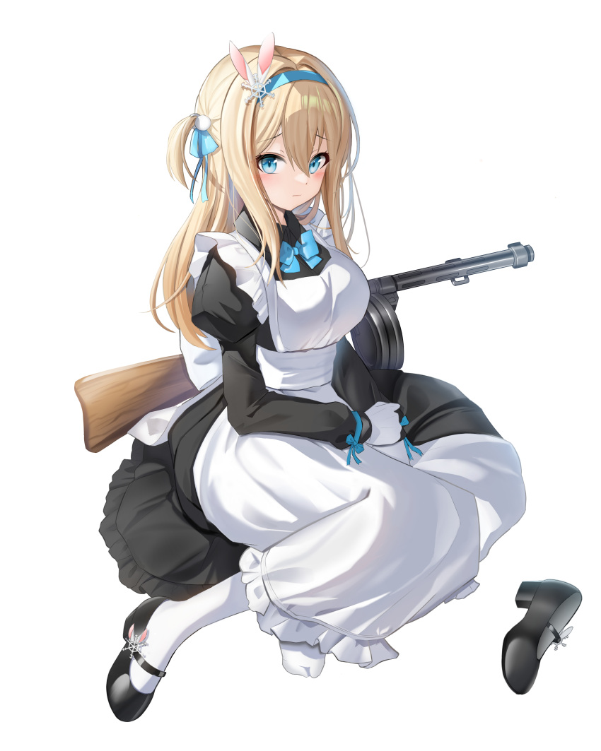 1girl absurdres alternate_costume animal_ears apron b_grade bangs black_footwear blonde_hair blue_bow blue_bowtie blue_eyes blue_hairband blush bow bowtie breasts closed_mouth enmaided frilled_apron frills girls'_frontline gloves gun hair_between_eyes hair_bobbles hair_ornament hair_ribbon hairband highres large_breasts light_blue_ribbon long_hair long_sleeves maid maid_apron own_hands_together rabbit_ears ribbon shoes shoes_removed simple_background snowflake_hair_ornament socks solo submachine_gun suomi_(girls'_frontline) suomi_kp/-31 weapon white_apron white_background white_gloves white_socks