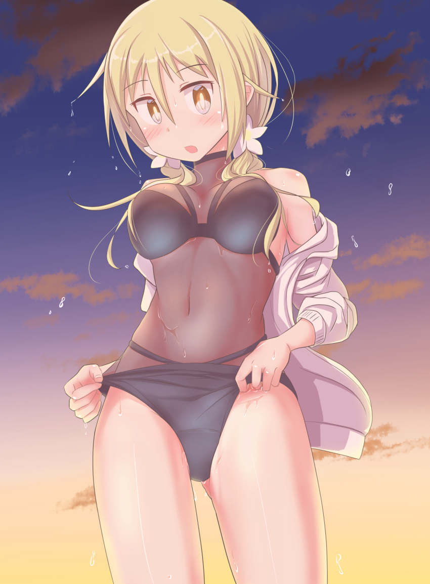 1girl absurdres bangs bare_legs blonde_hair blush breasts check_commentary cloud cloudy_sky commentary commentary_request dripping evening highres ichii_yui kirara_fantasia long_sleeves looking_at_viewer loose_clothes loose_shirt medium_breasts open_clothes open_mouth outdoors shirt sidelocks sky sweat swimsuit twintails water_drop wet wet_hair yellow_eyes yuukin yuyushiki