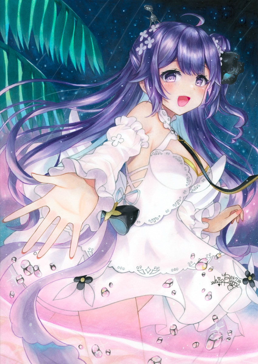 1girl absurdres ahoge azur_lane breasts detached_sleeves dress highres long_hair looking_at_viewer marker_(medium) medium_breasts outstretched_arm purple_eyes purple_hair retrofit_(azur_lane) short_dress solo traditional_media unicorn_(azur_lane) whipberry white_dress