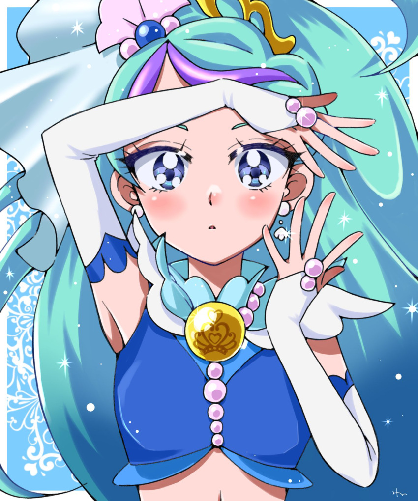 1girl blue_eyes blue_hair blush bridal_gauntlets cure_mermaid earrings elbow_gloves gloves go!_princess_precure highres jewelry kaidou_minami long_hair magical_girl multicolored_hair ofutonnnineko ponytail precure purple_hair shell shell_earrings solo two-tone_hair white_gloves