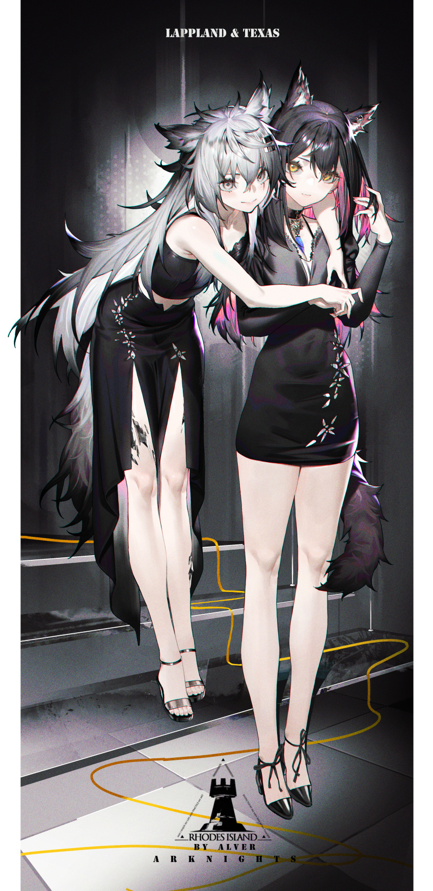 2girls absurdres alver animal_ears arknights bangs bare_legs black_choker black_dress black_hair black_skirt character_name choker closed_mouth colored_inner_hair crop_top dress full_body grey_hair hair_between_eyes high_heels highres lappland_(arknights) leaning_forward long_hair long_sleeves looking_at_viewer multicolored_hair multiple_girls oripathy_lesion_(arknights) pink_hair skirt smile standing tail texas_(arknights) very_long_hair wolf_ears wolf_girl wolf_tail yellow_eyes