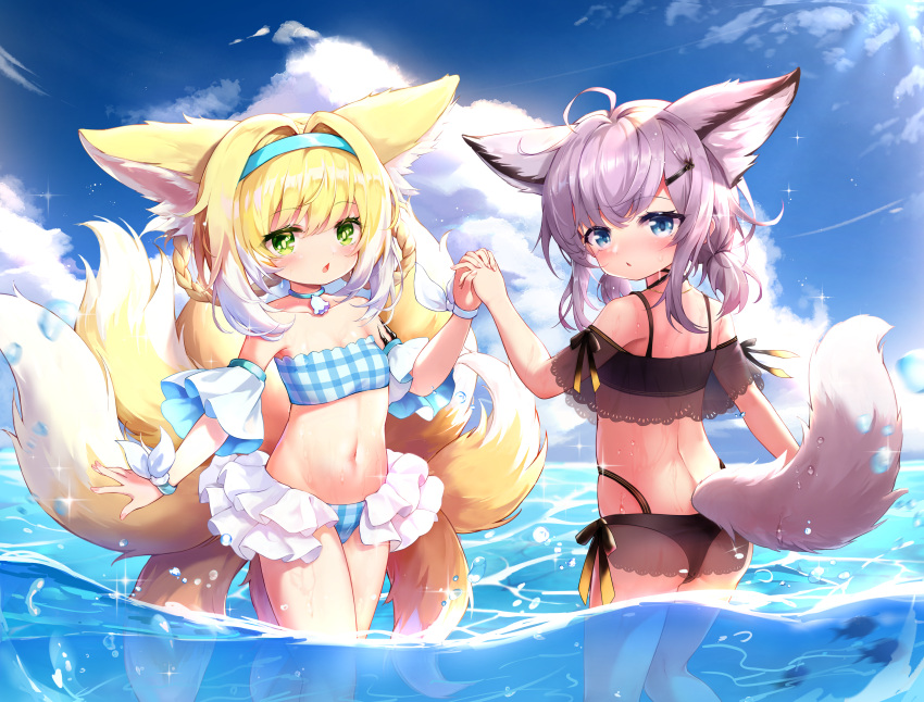 2girls absurdres ahoge animal_ear_fluff animal_ears arknights ass bangs bikini black_bikini blonde_hair blue_bikini blue_choker blue_eyes blue_hairband blue_sky blush braid breasts chestnut_mouth choker cloud cloudy_sky collarbone day detached_sleeves extra_ears feet_out_of_frame fox_ears fox_girl fox_tail frilled_bikini frills from_behind green_eyes hair_between_eyes hair_intakes hair_ornament hair_over_shoulder hairband hairclip hehehzb highres holding_hands looking_at_viewer looking_back medium_hair multicolored_hair multiple_girls multiple_tails navel ocean off-shoulder_bikini off_shoulder open_mouth outdoors partially_underwater_shot plaid plaid_bikini purple_hair shiny shiny_hair sidelocks sky small_breasts standing sussurro_(arknights) suzuran_(arknights) swimsuit tail tail_raised thighhighs twin_braids twintails two-tone_hair wading water wet white_hair wristband