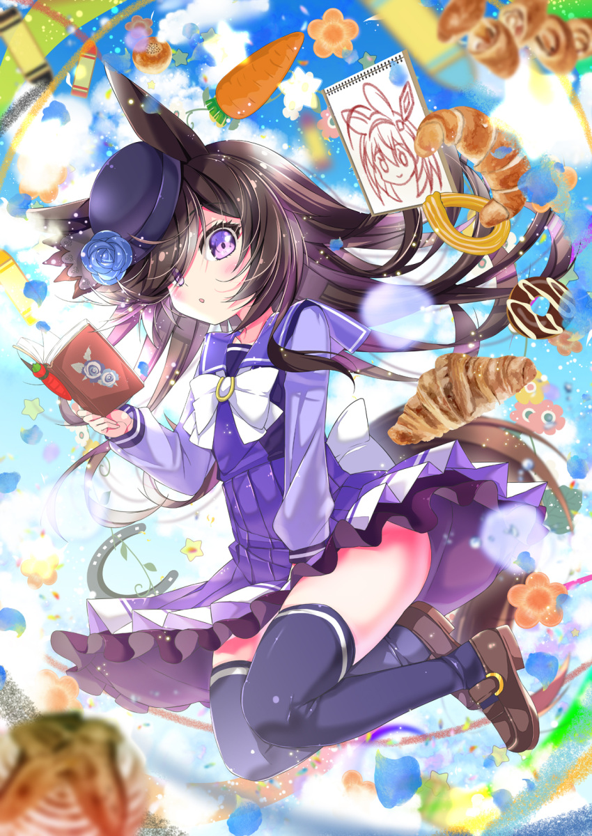 1girl :o animal_ears bangs black_hair black_headwear black_thighhighs blue_flower blue_rose blue_sky blush book brown_footwear carrot cloud cloudy_sky commentary_request day eyes_visible_through_hair flower food frilled_skirt frills full_body hair_over_one_eye hat hat_flower highres holding holding_book horse_ears horse_girl horse_tail loafers long_sleeves open_book outdoors parted_lips pleated_skirt porurin puffy_long_sleeves puffy_sleeves purple_eyes purple_shirt purple_skirt rice_shower_(umamusume) rose shirt shoes skirt sky solo tail thighhighs tilted_headwear umamusume