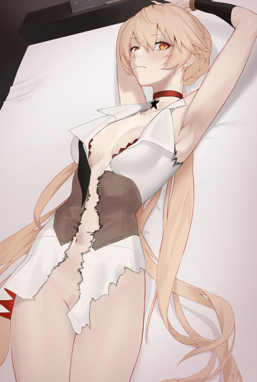 1girl armpits bangs blonde_hair blush bound bound_arms bra breasts brown_corset choker collarbone commentary corset dress feet_out_of_frame girls'_frontline highres long_hair looking_at_viewer lying medium_breasts navel no_panties on_back on_bed open_mouth orange_eyes ots-14_(girls'_frontline) parted_lips presenting_armpit red_bra red_choker saturndxy simple_background solo star_(symbol) torn_bra torn_clothes torn_dress underwear very_long_hair white_dress