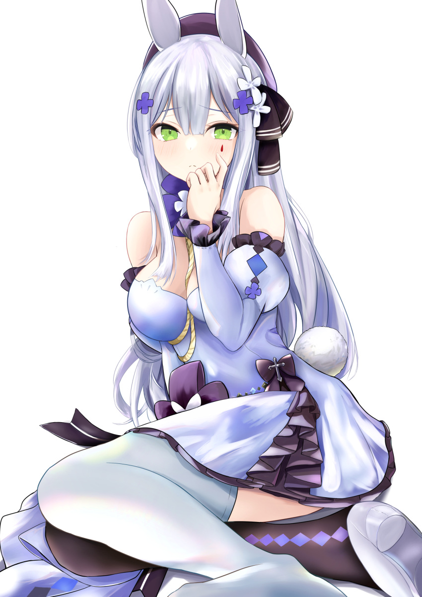 1girl absurdres animal_ears arm_behind_back arm_up bangs black_thighhighs blue_hair blush breasts closed_mouth commentary dress flower girls'_frontline green_eyes hair_flower hair_ornament hairclip highres hk416_(girls'_frontline) hk416_(herbal-flavored_hard_candy)_(girls'_frontline) long_hair looking_at_viewer medium_breasts nakaryo0404 official_alternate_costume rabbit_ears rabbit_tail sidelocks sitting solo tail teardrop_facial_mark teardrop_tattoo thighhighs two-tone_thighhighs white_background white_dress white_thighhighs