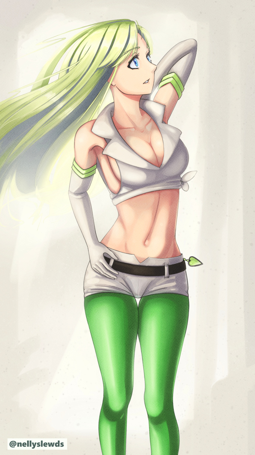 1girl absurdres arm_over_head bleach bleach:_the_thousand-year_blood_war blue_eyes breasts candice_catnipp cleavage detached_sleeves green_hair green_socks green_thighhighs heart highres large_breasts long_hair looking_to_the_side midriff military military_uniform navel nellyslewds pantyhose shorts simple_background socks solo thighhighs uniform white_shorts