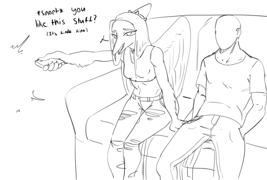 anon_(snoot_game) anthro bald bottomwear clothed clothing controller dialogue dinosaur duo english_text fang_(gvh) feathered_wings feathers featureless_face female furniture goodbye_volcano_high hair hi_res human jokoifu long_hair long_snout male mammal monochrome pants pterodactylus pterosaur reptile scalie sketch snoot_game_(fan_game) snout sofa text torn_bottomwear torn_clothing torn_pants video_games wings