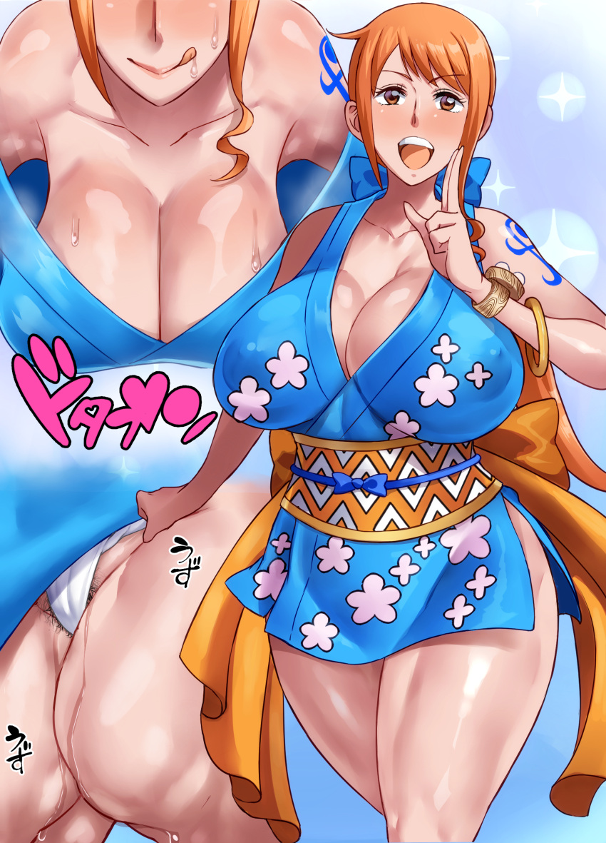 1girl absurdres blush bracelet breasts brown_eyes cleavage closed_mouth clothes covered_nipples female_pubic_hair haikawa_hemlen hanging_breasts highres japanese_clothes jewelry kimono large_breasts licking_lips long_hair looking_at_viewer multiple_views nami_(one_piece) ninja no_bra obi one_piece open_mouth orange_hair panties ponytail pubic_hair pussy_juice sash smile sweat tongue tongue_out translation_request underwear white_panties