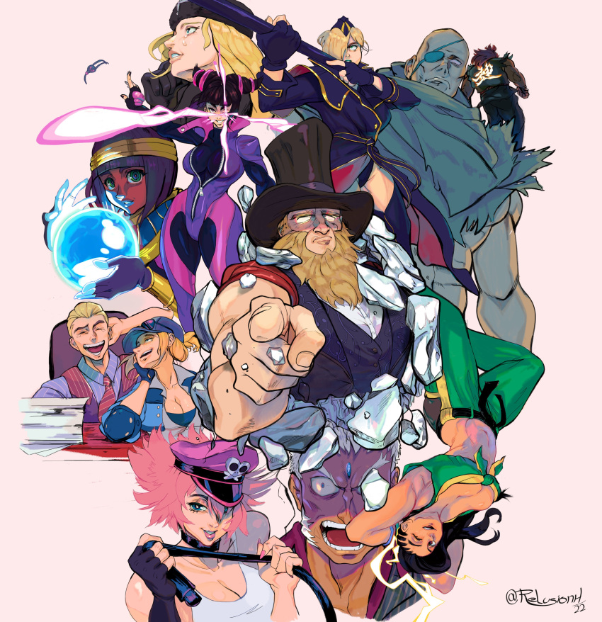 4boys 6+girls absurdres akuma_(street_fighter) bald beard biker_clothes bikesuit black_bodysuit blonde_hair blue_eyes blue_lips blue_thighhighs bodysuit boots breasts cleavage cody_travers crying crying_with_eyes_open dark-skinned_female dark_skin elbow_pads english_commentary eyepatch eyepatch_removed facial_hair falke_(street_fighter) fingerless_gloves forehead_jewel g_(street_fighter) garrison_cap gloves glowing glowing_eyes green_eyes hair_over_one_eye han_juri hat heaven_(kanji) highres holding holding_whip kolin large_breasts laughing laura_matsuda long_hair lucia_morgan menat military military_uniform multiple_boys multiple_girls muscular muscular_male no_pupils one-eyed partially_unbuttoned peaked_cap pink_hair pinstripe_pattern pinstripe_shirt pinstripe_vest pointing pointing_at_viewer poison_(final_fight) police police_uniform policewoman purple_bodysuit purple_hair red_hair relusionh sagat shirt short_hair sideburns single_fingerless_glove skin_tight street_fighter street_fighter_v striped tears thigh_boots thighhighs toned top_hat uniform upside-down urien vest whip