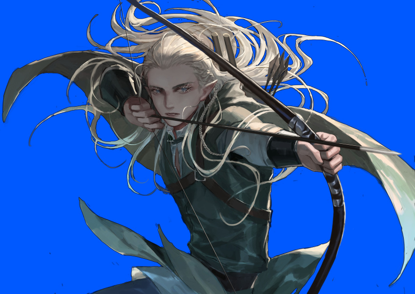 1boy absurdres aiming armor blue_background bow_(weapon) braid cape commentary drawing_bow elf eyelashes floating_clothes floating_hair hair_pulled_back half_updo highres holding holding_bow_(weapon) holding_weapon legolas long_hair long_sleeves looking_afar male_focus outstretched_arm parted_lips pointy_ears quiver side_braid simple_background solo symbol-only_commentary the_lord_of_the_rings tolkien's_legendarium upper_body weapon yangshu893