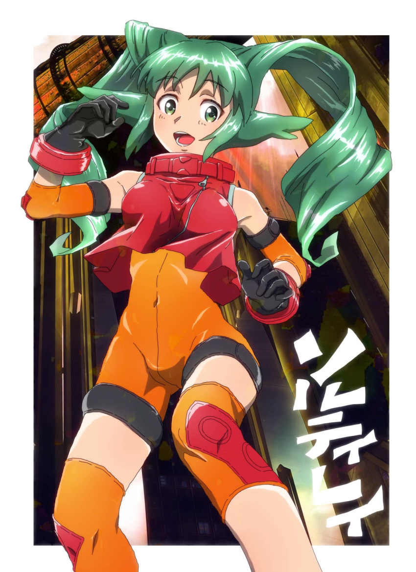 1girl :d bodysuit breasts gloves green_eyes green_hair highres hinatade-runrun long_hair looking_at_viewer medium_breasts open_mouth orange_bodysuit smile solo solty_rei solty_revant spandex twintails