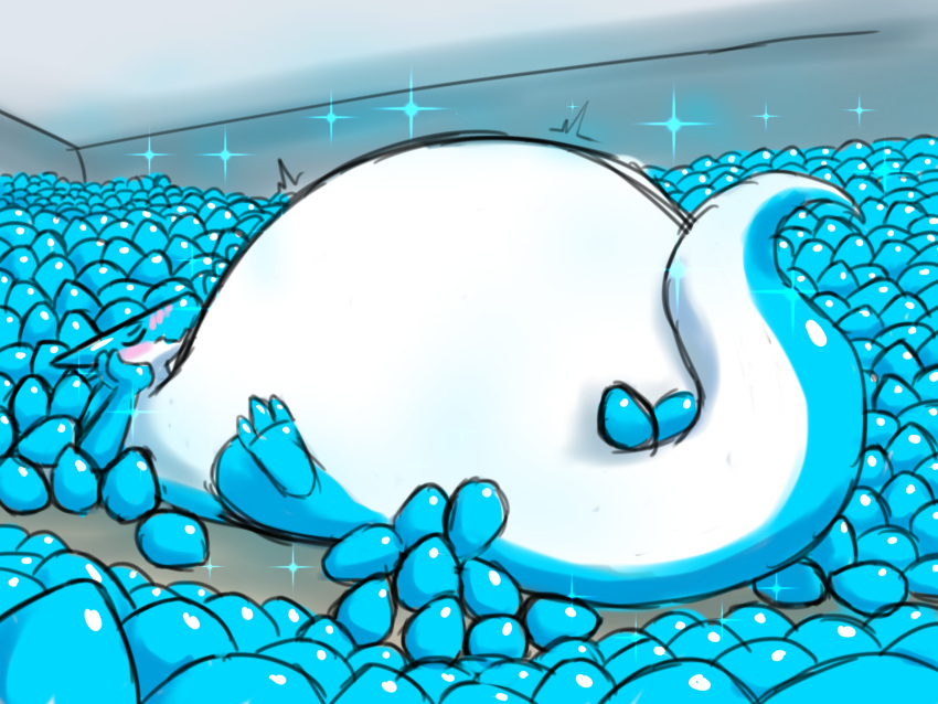 2022 anthro belly big_belly big_tail blue_body blue_egg blush egg egg_inflation emanata excessive_eggs eyes_closed firo_(firolina) firolina fumes furniture_noises glistening herm hi_res holding_head hyper hyper_belly inside intersex lying on_back on_ground oviposition relaxing scent_dragon simple_background solo sound_effects sparkles thick_tail white_body