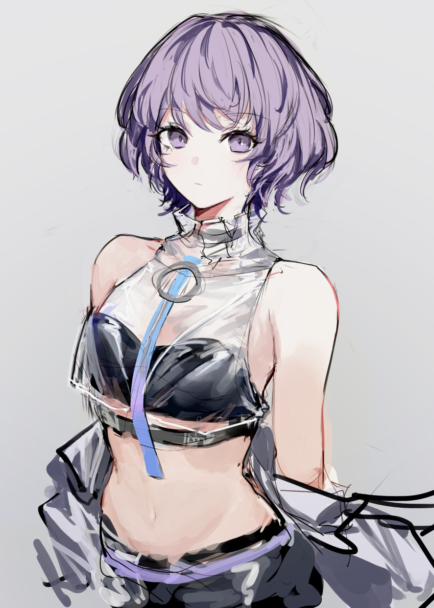 1girl absurdres bangs bare_shoulders black_shorts commentary_request crop_top expressionless fresnel_(girls'_frontline_nc) girls'_frontline girls'_frontline_neural_cloud grey_background highres irikawa jacket looking_at_viewer midriff navel purple_eyes purple_hair removing_jacket see-through short_hair shorts simple_background solo upper_body
