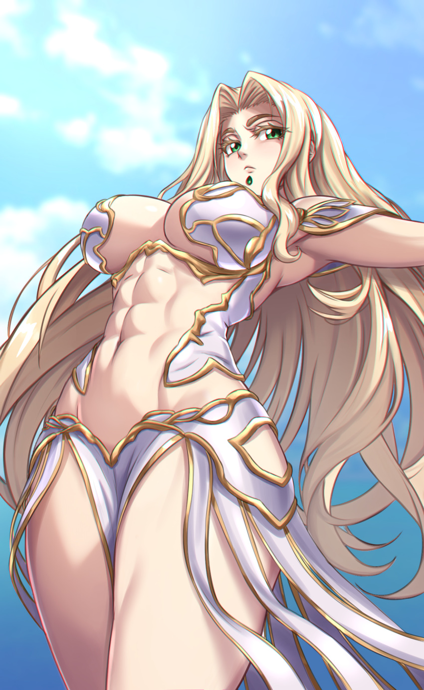 1girl alternate_costume blonde_hair breasts cosplay fate/grand_order fate_(series) gorgon_(fate) gorgon_(fate)_(cosplay) green_eyes highres long_hair medusa_(fate) quetzalcoatl_(fate) sky solo thick_thighs thighs zantyarz