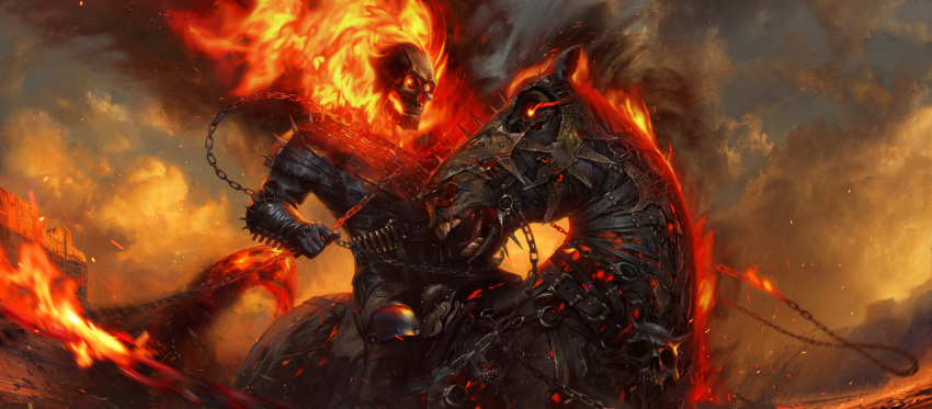 1boy absurdres building chain commentary demon disney english_commentary fantasy fire flame ghost_rider gloves glowing highres horse horseback_riding jacket leather leather_jacket male_focus marvel muhammedfeyyaz riding skull smoke spikes teeth