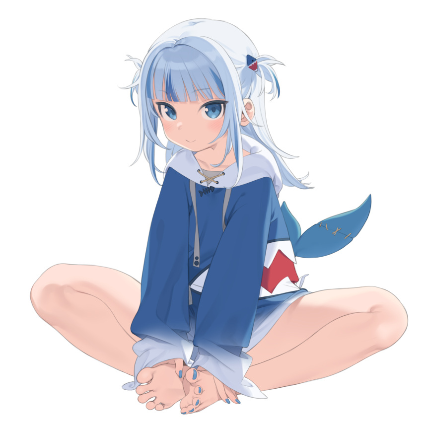 1girl bangs barefoot blue_eyes blue_hair blue_nails blunt_bangs blush closed_mouth collarbone feet fish_tail gawr_gura grey_hair hair_ornament hands_on_feet highres hololive hololive_english hood hood_down hoodie kaniman long_hair long_sleeves looking_at_viewer multicolored_hair nail_polish shark_girl shark_hair_ornament shark_tail simple_background sitting sleeves_past_wrists smile solo streaked_hair tail toenail_polish toenails toes two_side_up virtual_youtuber white_background