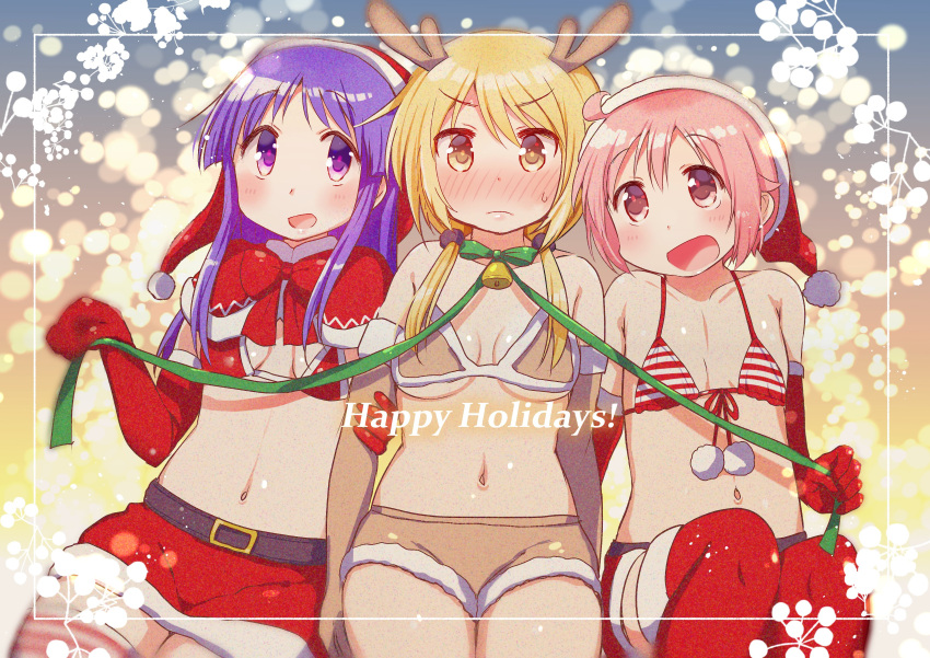 3girls absurdres animal_costume antlers arm_grab backlighting bangs bell belt bikini bikini_top_only black_belt blonde_hair blurry blush bokeh border breasts brown_bikini brown_gloves brown_shorts capelet christmas closed_mouth depth_of_field elbow_gloves fake_antlers flat_chest front-tie_bikini_top front-tie_top frown fur-trimmed_capelet fur-trimmed_shorts fur-trimmed_skirt fur_trim gloves green_ribbon hair_tie halterneck happy_holidays hat highres hinata_yukari ichii_yui looking_at_another looking_at_viewer low_twintails micro_shorts microskirt midriff multiple_girls navel neck_bell neck_ribbon nonohara_yuzuko open_mouth pink_eyes pink_hair pink_thighhighs purple_eyes purple_hair red_capelet red_gloves red_headwear red_skirt red_thighhighs reindeer_antlers reindeer_costume ribbon santa_costume santa_hat short_hair shorts side-by-side sitting skirt small_breasts smile striped striped_bikini striped_thighhighs swimsuit tatsunokosso thighhighs twintails white_border yellow_eyes yuyushiki