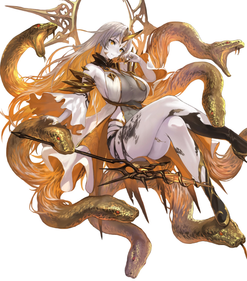 1girl bangs blonde_hair breasts fire_emblem fire_emblem_heroes gold_trim gradient gradient_hair grey_hair gullveig_(fire_emblem) highres horns large_breasts long_hair long_sleeves multicolored_hair non-web_source official_art parted_bangs single_horn snake solo two-tone_hair wide_sleeves yellow_eyes yoshiku_(oden-usagi)