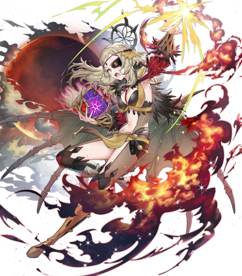 1girl bangs blonde_hair book boots breasts circlet detached_sleeves eyepatch fire_emblem fire_emblem_fates fire_emblem_heroes full_body hair_ornament haru_(hiyori-kohal) highres jewelry knee_boots long_hair long_sleeves medium_breasts non-web_source official_art ophelia_(fire_emblem) pelvic_curtain solo wings