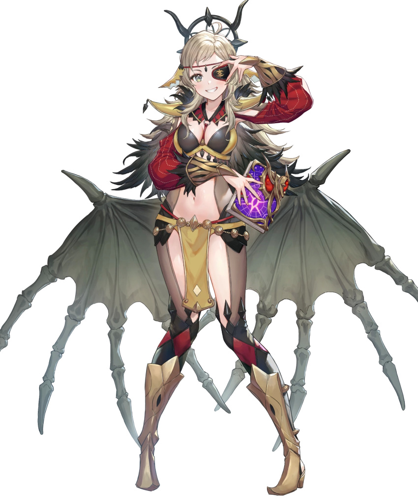 1girl bangs blonde_hair book boots breasts circlet detached_sleeves eyepatch fire_emblem fire_emblem_fates fire_emblem_heroes full_body hair_ornament haru_(hiyori-kohal) highres jewelry knee_boots long_hair long_sleeves medium_breasts non-web_source official_art ophelia_(fire_emblem) pelvic_curtain solo wings