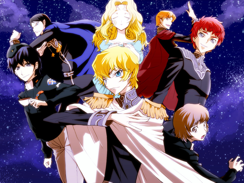 6+boys annerose_von_grunewald annotated blonde_hair blue_eyes blue_hair cape closed_eyes code_geass commentary commentary_request ginga_eiyuu_densetsu harara hat julian_mintz multiple_boys oskar_von_reuenthal parody partial_commentary reinhard_von_lohengramm siegfried_kircheis smile space star style_parody tea wolfgang_mittermeyer yang_wen-li