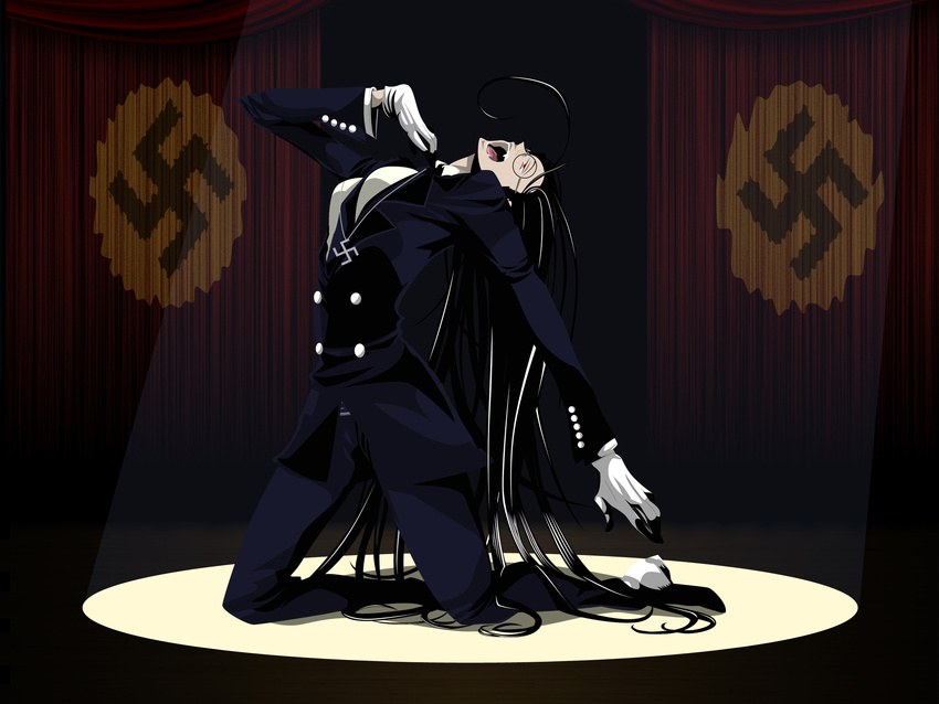 ahoge black_hair costume curtains fang formal freckles gloves hellsing highres light light_ray nazi open_mouth red_eyes rip_van_winkle scene shoes singing suit swastika theater vampire vector vector_trace wallpaper white_gloves