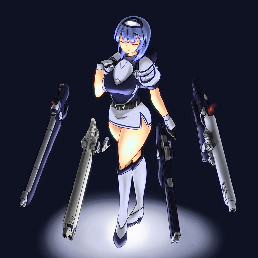 armored_core:_for_answer armored_core_4 blue_hair curvy energy_gun eyes_closed from_software heels high_laser_rifle laser_rifle mecha_musume plasma_rifle rail_gun skirt smile thick_thighs weapon y01-tellus