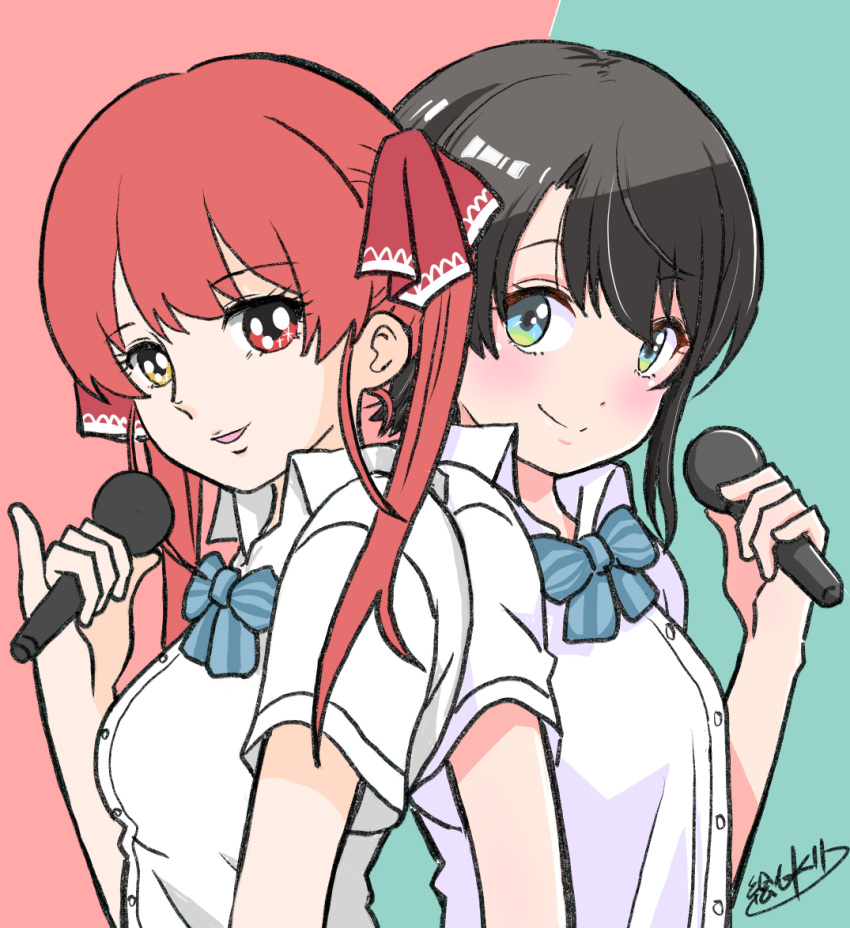 1980s_(style) 2girls black_hair blue_eyes bow bowtie breasts commentary_request egokorokid heterochromia holding holding_microphone hololive houshou_marine medium_breasts microphone multicolored_eyes multiple_girls oozora_subaru open_mouth red_eyes red_hair retro_artstyle school_uniform short_hair signature smile sparkling_eyes striped striped_bow striped_bowtie twintails virtual_youtuber yellow_eyes