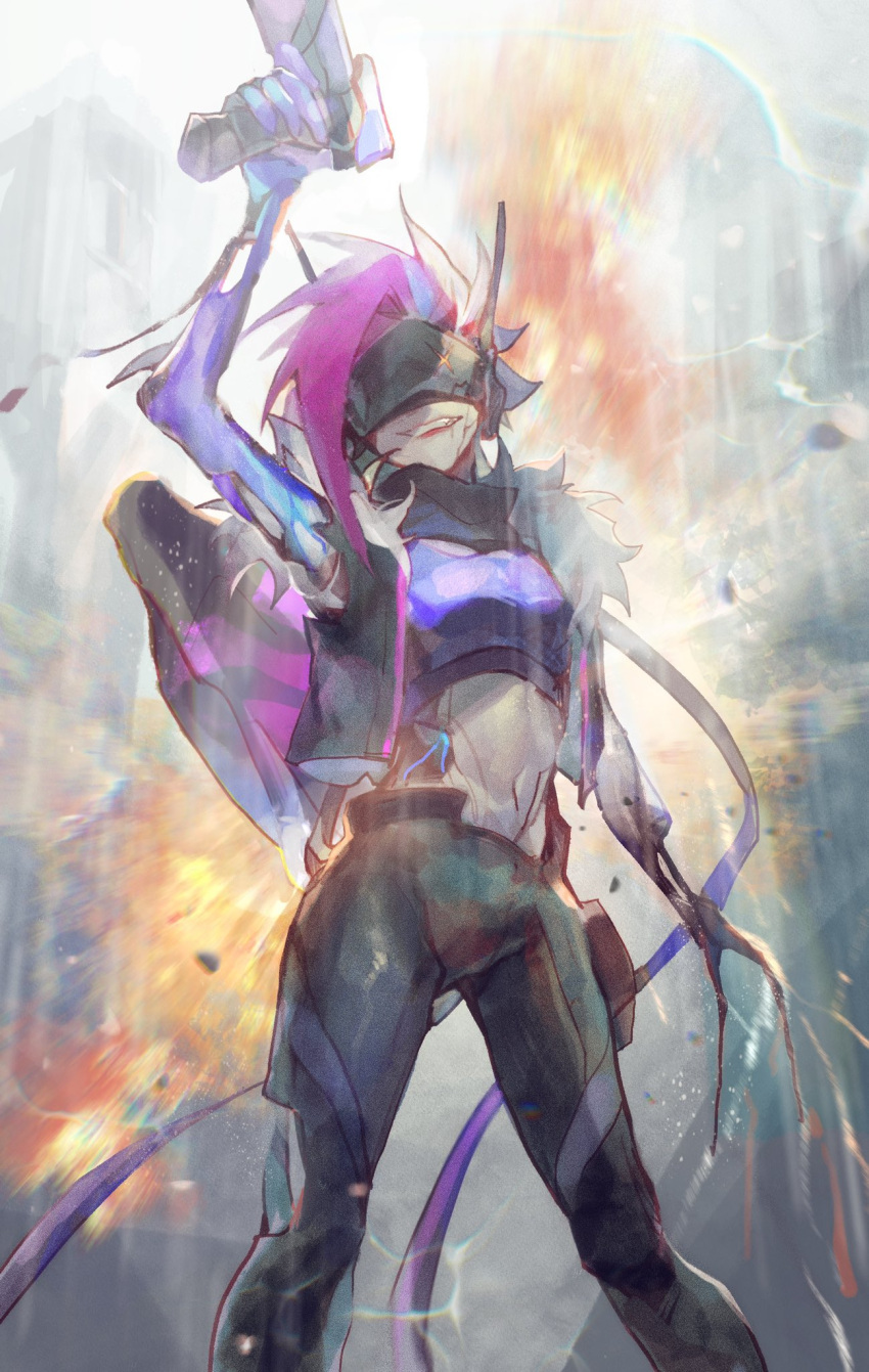 1girl arm_up asymmetrical_bangs bangs black_pants breasts crop_top fur-trimmed_jacket fur_trim goggles grin gun highres holding holding_gun holding_weapon jacket jinx_(league_of_legends) league_of_legends long_hair navel odyssey_jinx open_clothes open_jacket pants pink_hair small_breasts smile stomach teeth twintails very_long_hair weapon yasutsuki_(tsuki19669056)