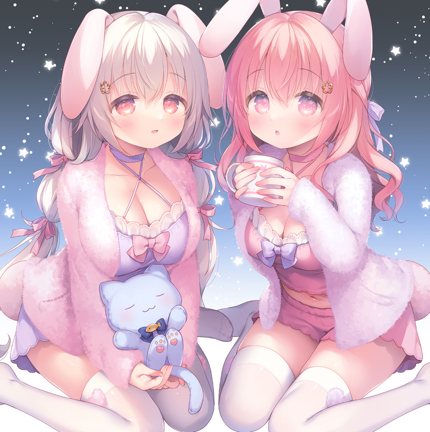 2girls :d :o animal_ears bangs blush bow camisole choker collarbone commentary_request criss-cross_halter cup hair_between_eyes hair_bow halterneck highres holding holding_cup holding_stuffed_toy jacket long_hair long_sleeves mug multiple_girls no_shoes open_clothes open_jacket original parted_lips pink_bow pink_camisole pink_choker pink_hair pink_jacket pink_shorts purple_bow purple_camisole purple_choker purple_jacket purple_shorts rabbit_ears red_eyes sakura_(usashiro_mani) short_shorts shorts sitting sleeves_past_wrists smile starry_background stuffed_animal stuffed_cat stuffed_toy thighhighs usashiro_mani very_long_hair wariza white_hair white_thighhighs