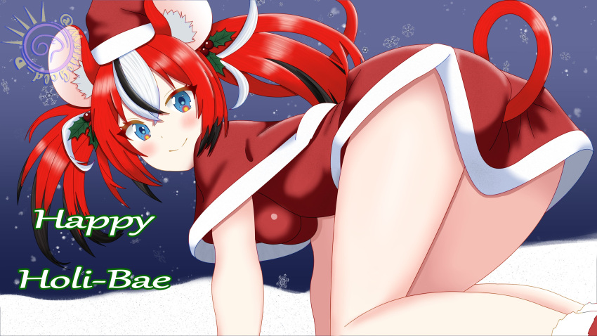 1girl absurdres animal_ear_fluff animal_ears ass black_hair blue_eyes breasts christmas costume dress english_commentary fur-trimmed_dress fur_trim hair_ornament hakos_baelz hat highres hololive hololive_english long_hair looking_at_viewer looking_back medium_breasts merriegold_d mistletoe_hair_ornament mouse_ears mouse_girl mouse_tail multicolored_hair red_hair santa_costume santa_dress santa_hat streaked_hair tail twintails virtual_youtuber white_hair white_trim
