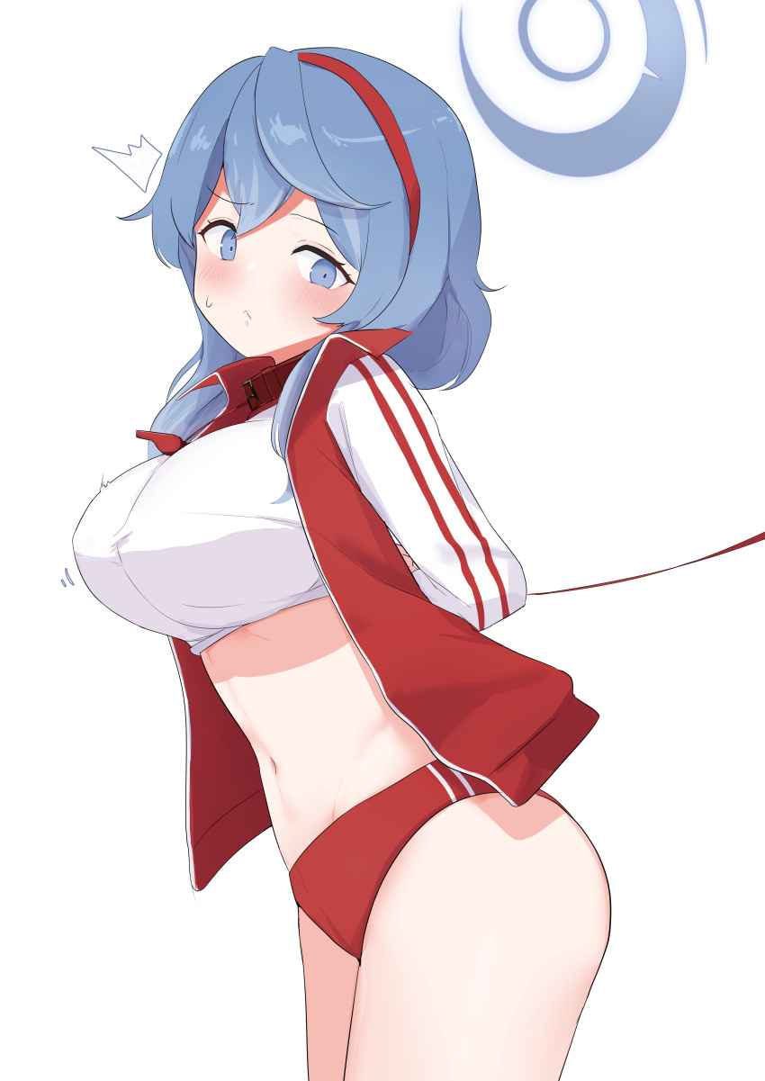 1girl absurdres ako_(blue_archive) arms_behind_back ass bangs belt_collar blue_archive blue_eyes blue_hair bound buruma collar commentary_request gym_shirt gym_uniform hair_between_eyes hairband halo head_tilt highres jacket leaning_forward leash long_hair long_sleeves looking_at_viewer navel patanda shirt sidelocks simple_background solo stomach sweatdrop tied_up_(nonsexual) track_jacket