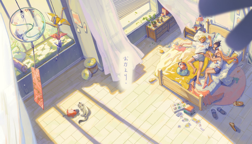 1girl 2boys bare_arms bare_shoulders bed black_hair blinds blonde_hair blue_shirt blue_shorts book book_stack cat cat_slippers cat_teaser ceiling_fan chainsaw_man closed_eyes commentary cup curtains cushion day demon_horns denji_(chainsaw_man) drawer drooling english_commentary from_above hayakawa_aki highres horns indoors lamp leaf long_hair lying meowy_(chainsaw_man) messy_hair mieille morning mug multiple_boys on_back on_bed on_side orange_hair origami pajamas paper_crane picture_(object) picture_book pillow pink_socks plant pochita_(chainsaw_man) potted_plant power_(chainsaw_man) red_horns rug scenery shirt short_hair shorts single_sock sleeping slippers slippers_removed socks socks_removed sunlight translated white_shirt wide_shot wind window