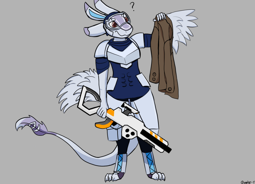 3_toes 4_ears anthro armor avali avalon_(avali) breasts clothing confusion dragon feathered_dragon feathers feet female hi_res jacket machine multi_ear naaka non-mammal_breasts power_armor quake-1 red_eyes solo standing tail_feathers toes topwear weapon wings