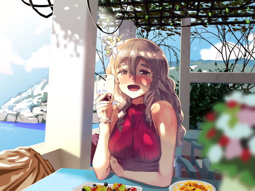 1girl blue_sky breasts chair cliff cloud cup day drinking_glass flower food grey_eyes grey_hair hair_between_eyes hair_flower hair_ornament highres holding holding_cup igarasy kantai_collection medium_breasts ocean outdoors plate pola_(kancolle) shirt sitting sky sleeveless sleeveless_shirt solo table thick_eyebrows wavy_hair white_flower wine_glass