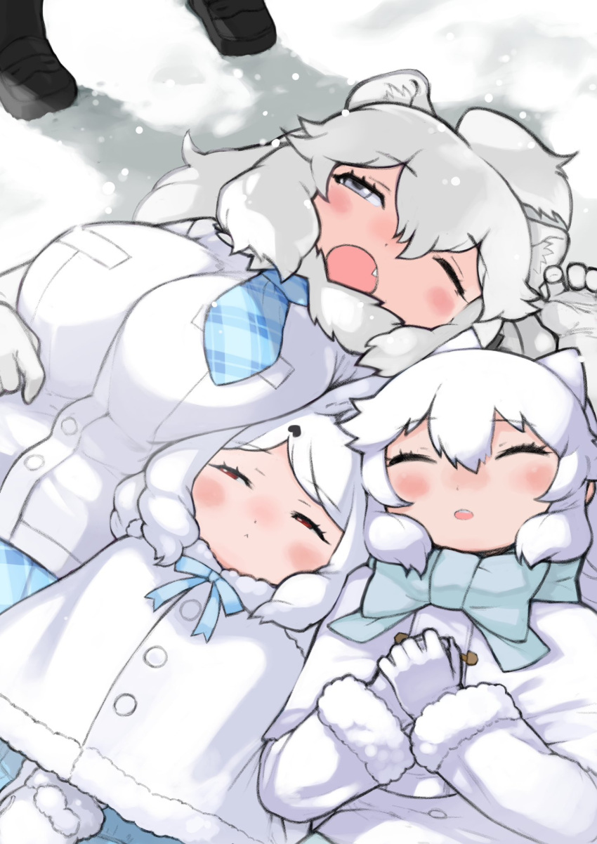 3girls animal_ears arctic_fox_(kemono_friends) arctic_hare_(kemono_friends) blue_bow blue_bowtie blue_eyes blush bow bowtie cape closed_eyes coat commentary_request elbow_gloves fang fox_ears fox_girl fur_trim gloves highres kemono_friends lion_ears lion_girl long_hair lying multiple_girls on_back one_eye_closed open_mouth plaid_trim rabbit_ears rabbit_girl rinx shirt short_hair short_sleeves sidelocks snow t-shirt white_cape white_coat white_fur white_gloves white_hair white_lion_(kemono_friends) white_mittens white_shirt