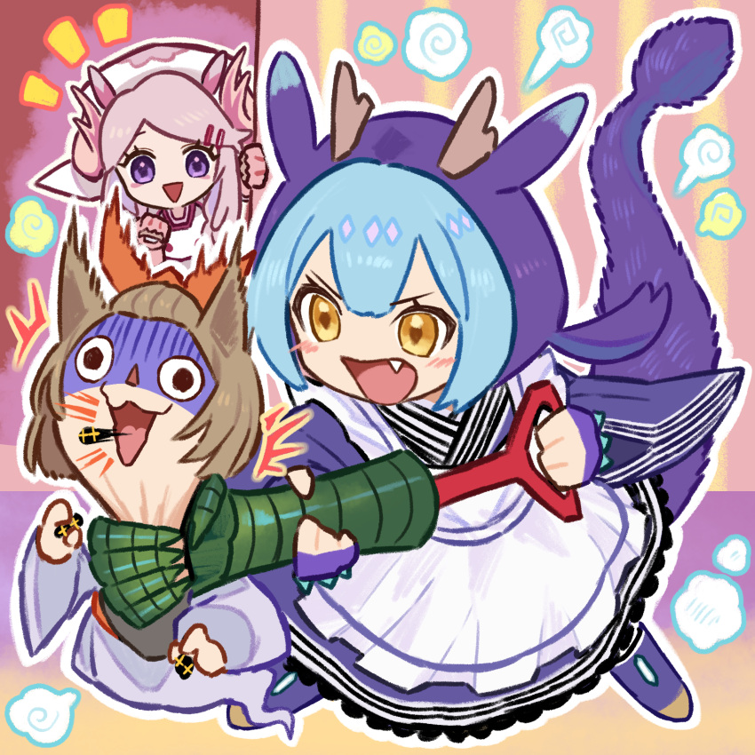 3girls :d animal_ears apron ash_blossom_&amp;_joyous_spring bangs bangs_pinned_back blue_gloves blue_hair blue_kimono blush_stickers bow brown_hair called_by_the_grave chibi commentary dog_ears dragon_girl dragon_horns dragon_tail dress duel_monster fang full_body ghost ghost_tail gloves hair_between_eyes hair_bow hair_ornament hairclip hat highres holding horns hucydin japanese_clothes kimono laundry_dragonmaid long_hair long_sleeves maid maid_apron maxx_c multicolored_hair multiple_girls notice_lines nurse_cap nurse_dragonmaid objectification open_mouth parted_bangs pink_gloves pink_hair pink_horns purple_eyes shaded_face short_hair sidelocks smile standing strangling symbol-only_commentary tail wa_maid white_kimono yellow_eyes yu-gi-oh!