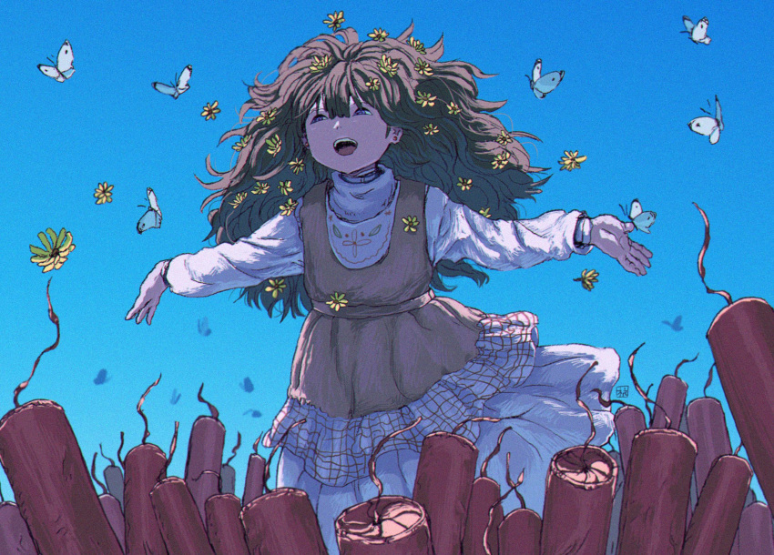 1girl bangs blue_eyes blue_sky brown_hair bug butterfly butterfly_on_hand commentary_request day dress dynamite earrings feet_out_of_frame flower hair_flower hair_ornament highres jewelry layered_dress long_hair long_sleeves looking_up open_mouth original outdoors outstretched_arms pinafore_dress plaid shirt signature sky smile solo spread_arms ttanne wavy_hair white_butterfly white_shirt yellow_flower