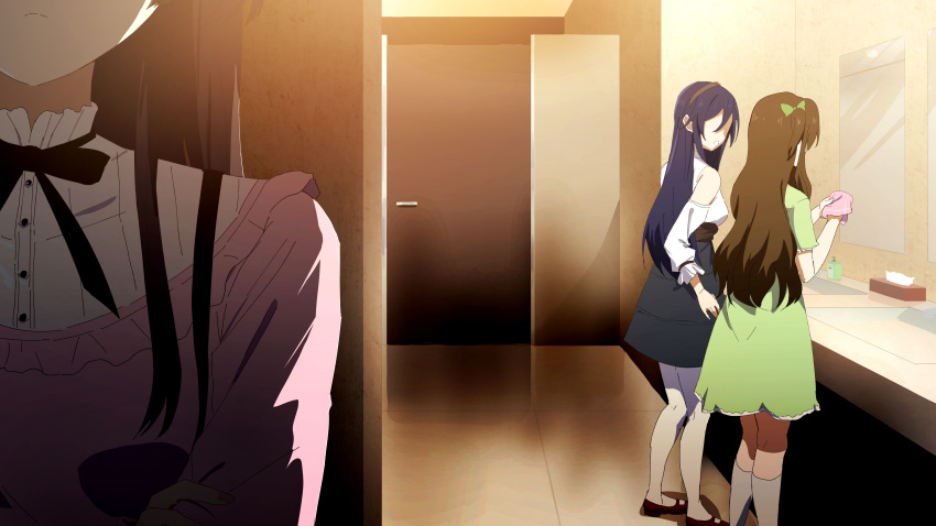 3girls absurdres bare_shoulders black_hair blue_hair brown_hair character_request clothing_cutout commentary_request door dress faceless faceless_female green_dress highres idolmaster idolmaster_shiny_colors indoors long_hair mayuzumi_fuyuko misaki_nonaka multiple_girls open_mouth pantyhose pink_shirt red_footwear shirt shoes short_sleeves shoulder_cutout sink socks standing very_long_hair white_pantyhose white_shirt white_socks