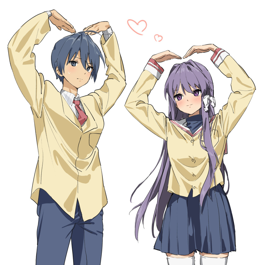 1boy 1girl absurdres blue_eyes blue_hair blush clannad closed_mouth fujibayashi_kyou hair_ribbon heart highres hikarizaka_private_high_school_uniform long_hair mr1thonk nervous okazaki_tomoya purple_eyes purple_hair ribbon school_uniform short_hair smile sweatdrop thighhighs white_thighhighs