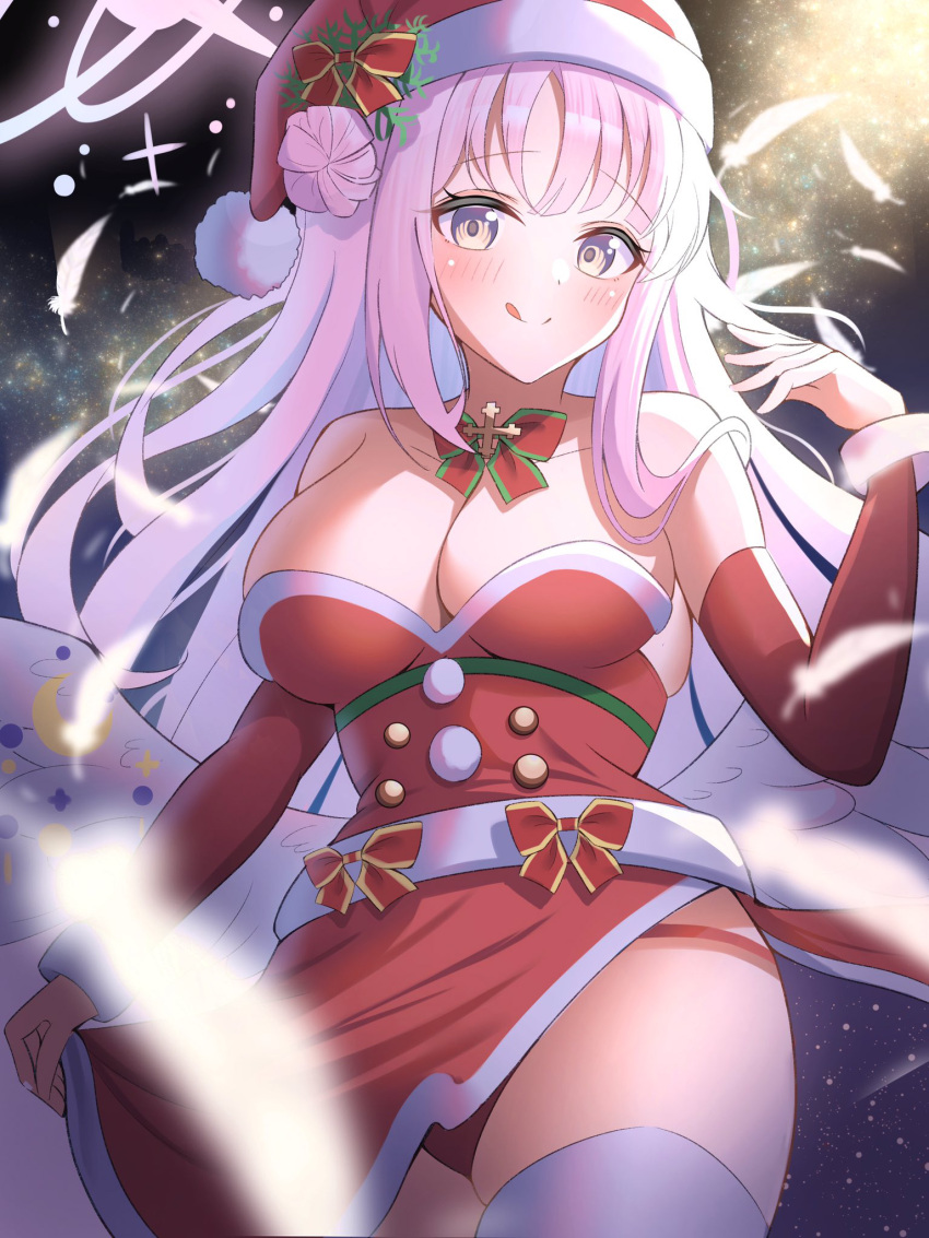 1girl angel angel_wings blue_archive breasts christmas detached_sleeves dress hair_between_eyes hair_bun halo hand_up hat highres large_breasts long_hair looking_at_viewer mika_(blue_archive) night night_sky panties pink_hair red_dress red_panties santa_costume santa_hat single_side_bun sky solo star_(sky) starry_sky tongue tongue_out underwear user_jxzv7235 wings yellow_eyes