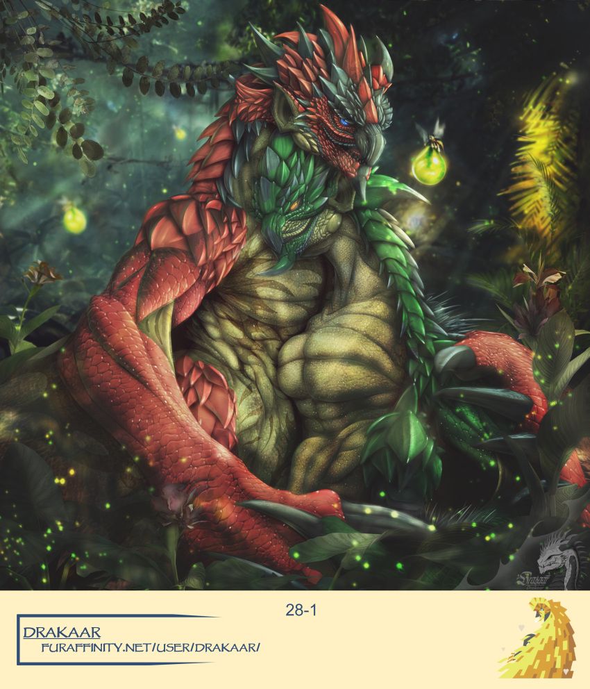 2022 absurd_res capcom chromamancer claws detailed detailed_scales drakaar duo embrace female feral finger_claws flying_wyvern forest green_body green_scales hi_res hug male male/female monster_hunter plant rath_wyvern rathalos rathian red_body red_scales scales shaded text tree url video_games