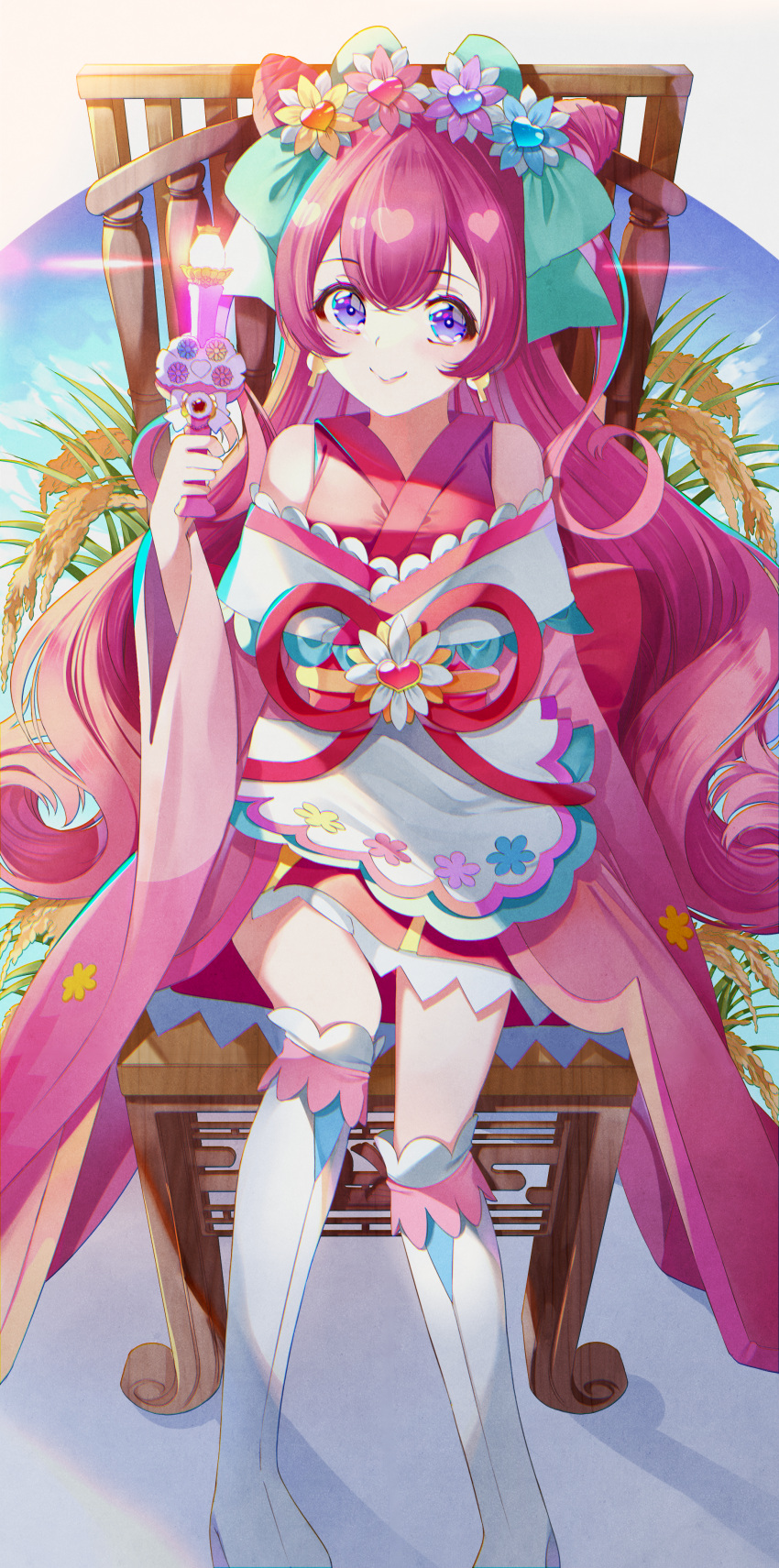 1girl absurdres bangs bow cone_hair_bun cure_precious cure_precious_(party_up_style) delicious_party_precure earrings hair_bow hair_bun highres japanese_clothes jewelry kimono legs long_hair nagomi_yui pink_hair precure purple_eyes short_kimono sitting smile solo two_side_up yuutarou_(fukiiincho)