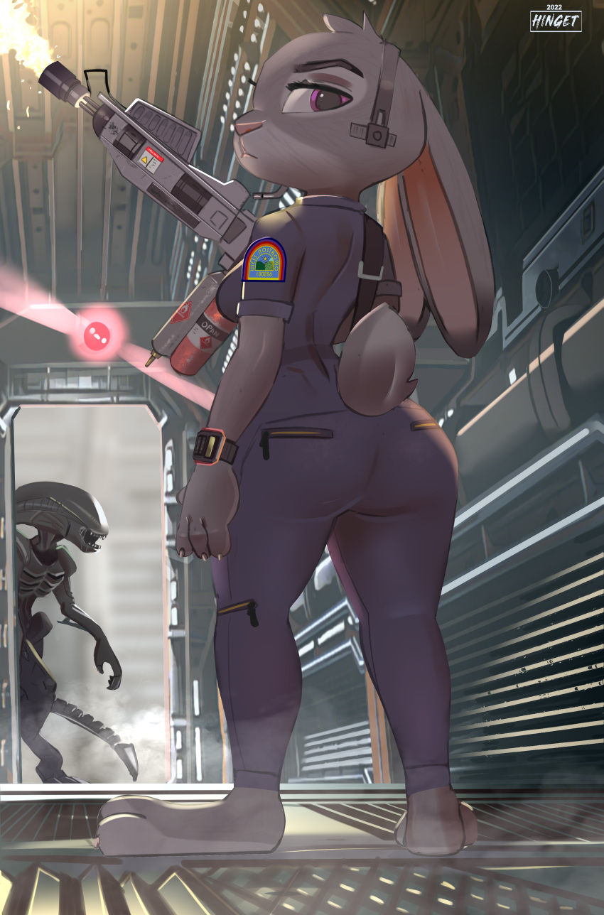 2022 20th_century_studios absurd_res alien alien_(franchise) anthro artist_name butt butt_pose disney female female_focus flamethrower gun hi_res hinget inside judy_hopps lagomorph leporid looking_back mammal open_mouth plantigrade pose rabbit ranged_weapon solo_focus tongue tongue_out watermark weapon xenomorph year zootopia