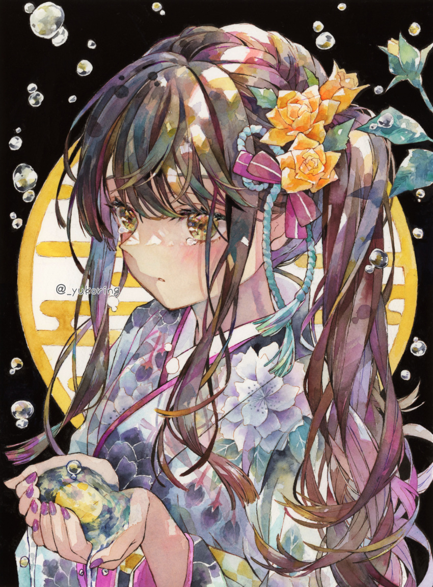 1girl bangs black_background brown_eyes brown_hair bubble circle commentary cupping_hand floral_print flower fringe_trim gradient_hair hair_flower hair_ornament hair_ribbon highres holding_liquid japanese_clothes kimono leaf light_blue_ribbon liquid long_hair looking_at_object multicolored_eyes multicolored_hair obi orange_flower original painting_(medium) parted_lips ponytail purple_kimono purple_nails purple_ribbon ribbon sash shiny shiny_hair solo striped striped_ribbon tearing_up traditional_media twitter_username upper_body water watercolor_(medium) watermark wavy_hair wide_sleeves yellow_eyes yellow_sash yukoring
