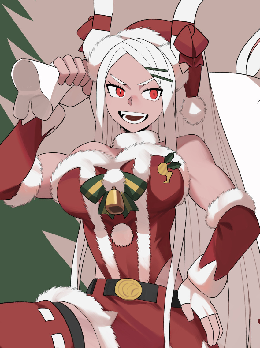 1girl absurdres animal_ears arm_up bangs bare_shoulders bell belt boku_no_hero_academia breasts christmas christmas_tree dark-skinned_female dark_skin detached_sleeves dress fingerless_gloves fur-trimmed_headwear fur-trimmed_sleeves fur_collar fur_trim gloves hair_ornament hairclip hand_on_hip hat highres holding holding_sack koyap large_breasts leotard long_hair mirko parted_bangs rabbit_ears rabbit_girl red_eyes red_headwear red_leotard red_ribbon red_skirt red_sleeves red_thighhighs ribbon sack santa_dress santa_hat skirt solo strapless strapless_leotard thighhighs very_long_hair white_gloves white_hair