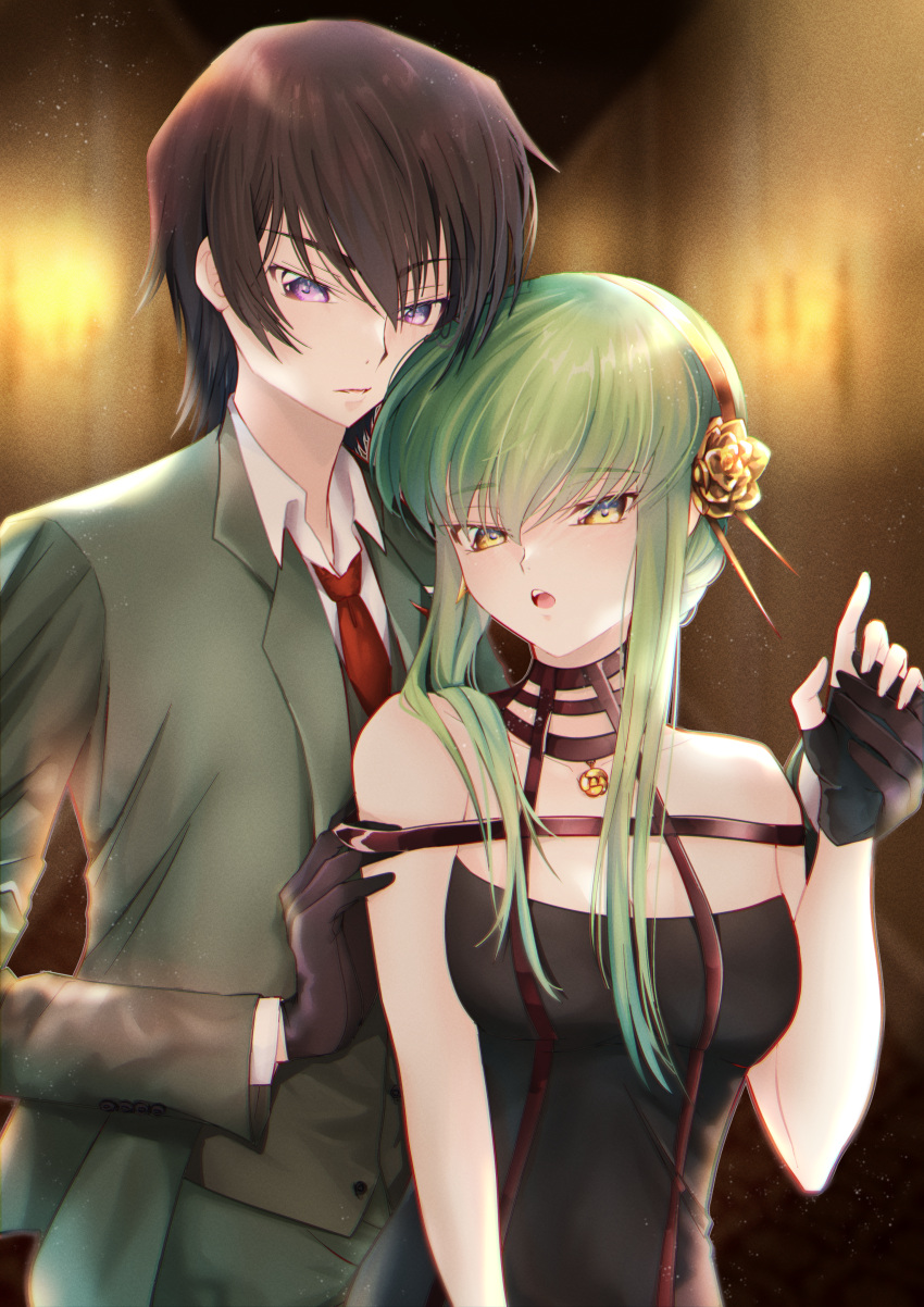 1girl absurdres bangs bare_shoulders black_dress black_gloves brown_hair budgiepon c.c. closed_mouth code_geass cosplay dress flower formal gloves gold_hairband green_hair green_jacket green_suit hair_flower hair_ornament highres jacket lelouch_lamperouge long_hair long_sleeves looking_at_viewer necktie open_mouth purple_eyes red_necktie short_hair sleeveless sleeveless_dress solo spy_x_family standing suit twilight_(spy_x_family) twilight_(spy_x_family)_(cosplay) yellow_eyes yor_briar yor_briar_(cosplay)